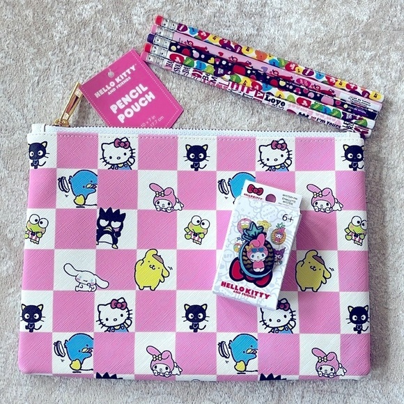 Brand New Hello Kitty Checkered Pink & White Large Zippered Pouch, Pin & Pencils - Picture 16 of 16
